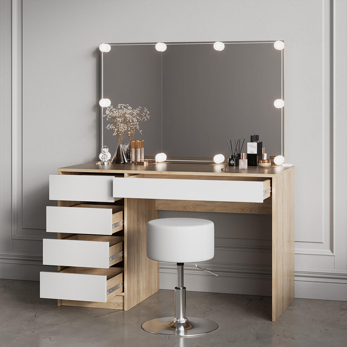 SCHMINKTISCH Imola Weiß/Sonoma 120 cm - Weiß/Sonoma Eiche, Holzwerkstoff (55/120/75cm) - Livinity®
