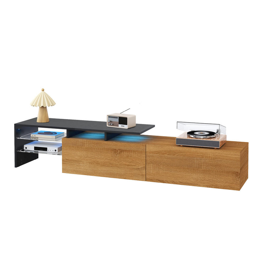 TV-SCHRANK Modern Schwarz Holzoptik Glasböden LED-Beleuchtung - Schwarz, Holz (42.19/18.42/143cm) - FLIEKS