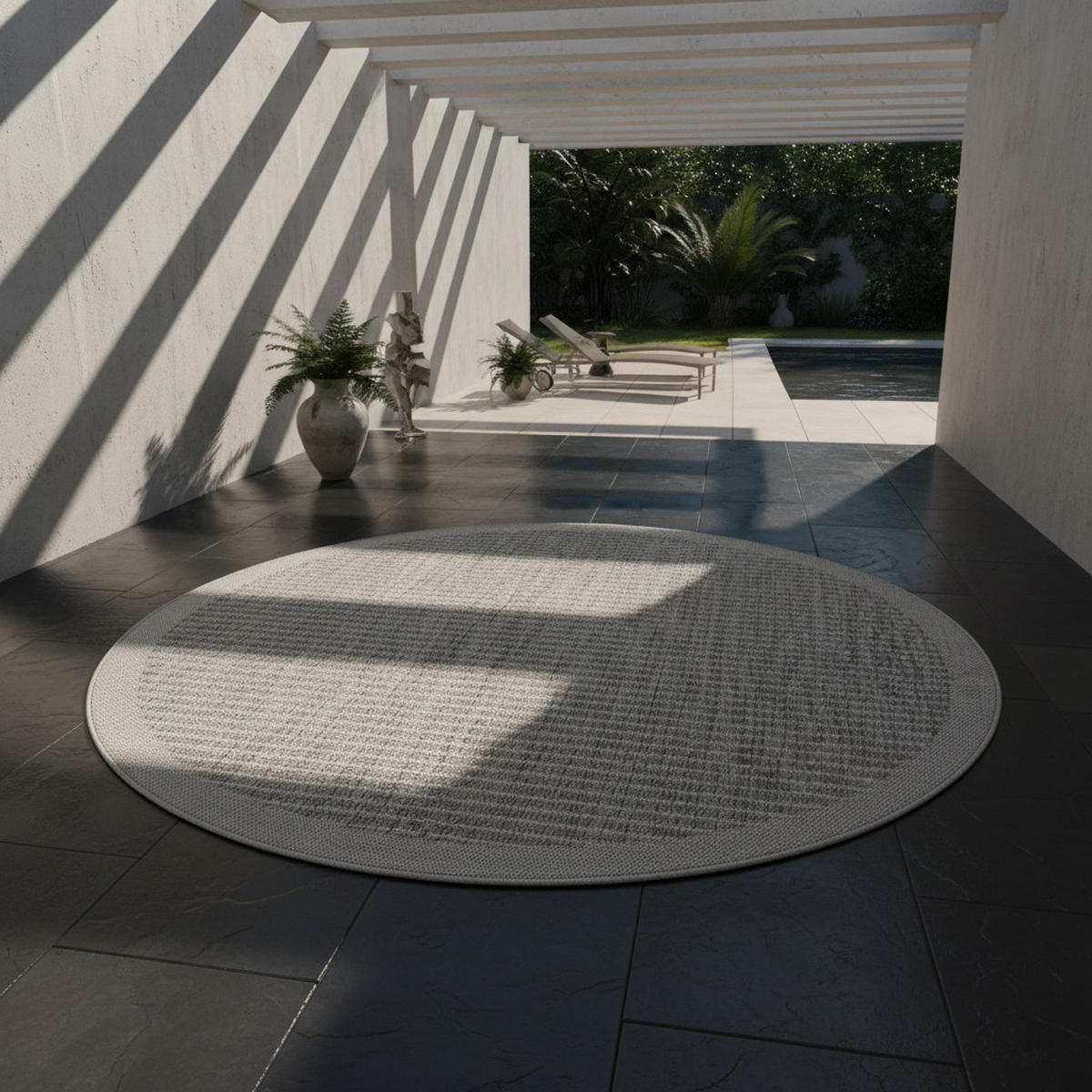 TEPPICH Outdoor Flachgewebe Uni-Farbe Polypropylen Balkon Grau Rund 200x200 - Grau, Textil (200/200cm) - KADIMA DESIGN