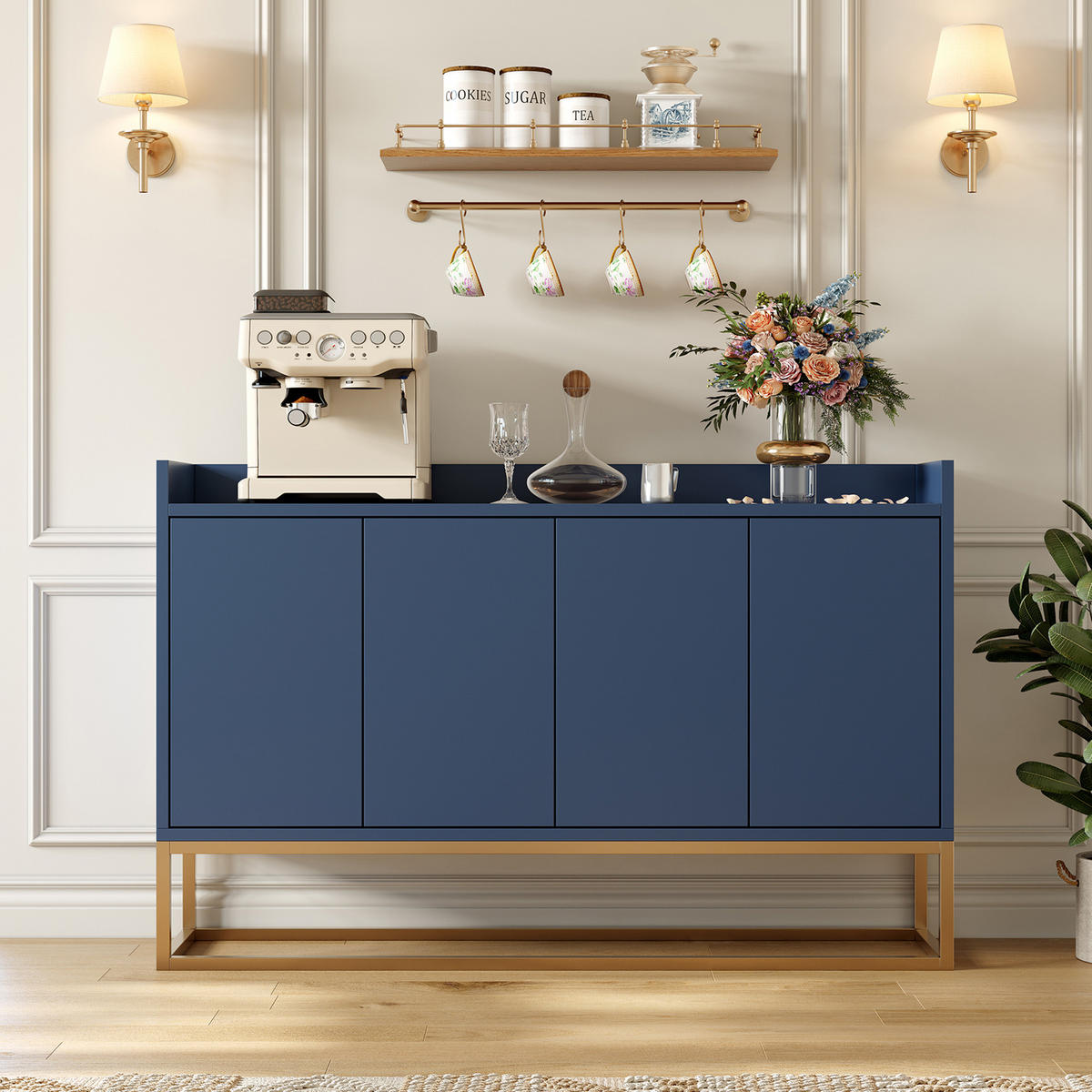 SIDEBOARD, 120/80/30 cm, mit 4 Türen, MDF, blau - Blau, Holz/Metall (120/80/30cm) - GENKI LIVING