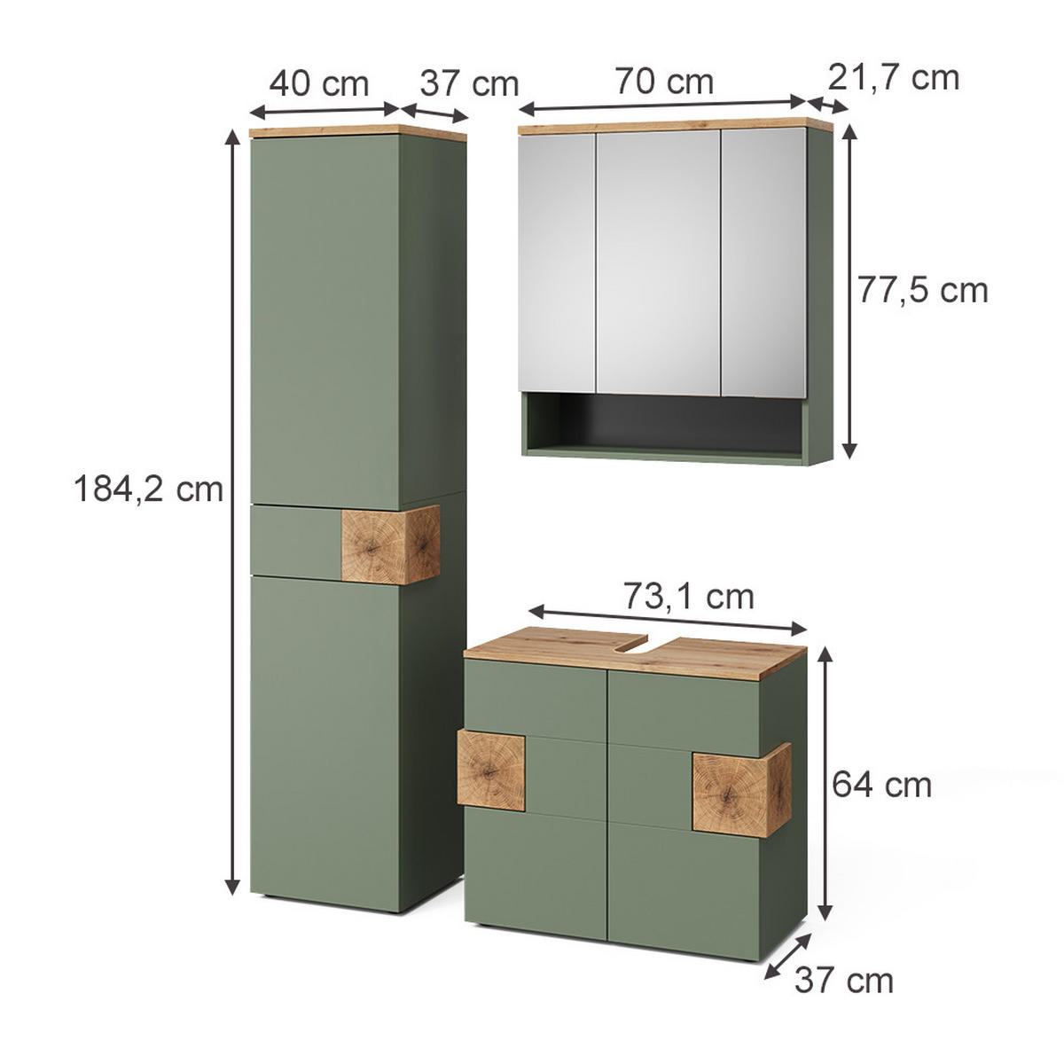 BADMÖBEL-SET Eden Grün/Artisan 3 Teile - Hellgrau/Grün, Holzwerkstoff (73/64/37cm) - Vicco