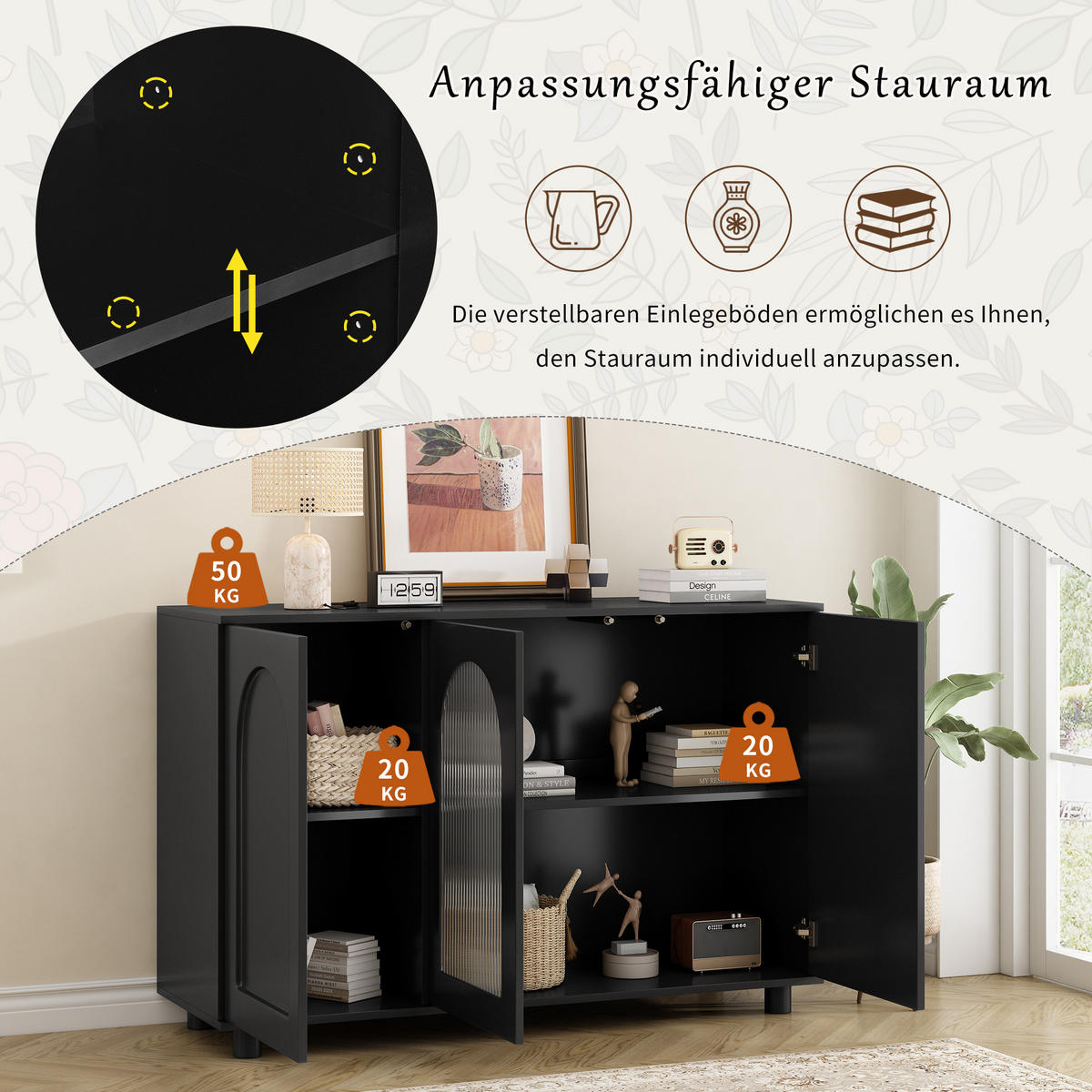 SIDEBOARD 120 cm Schwarz MDF mit Glastür, Push-to-Open und verstellbaren Regalen - Schwarz, Holzwerkstoff (120/78.5/40cm) - Urban Meuble
