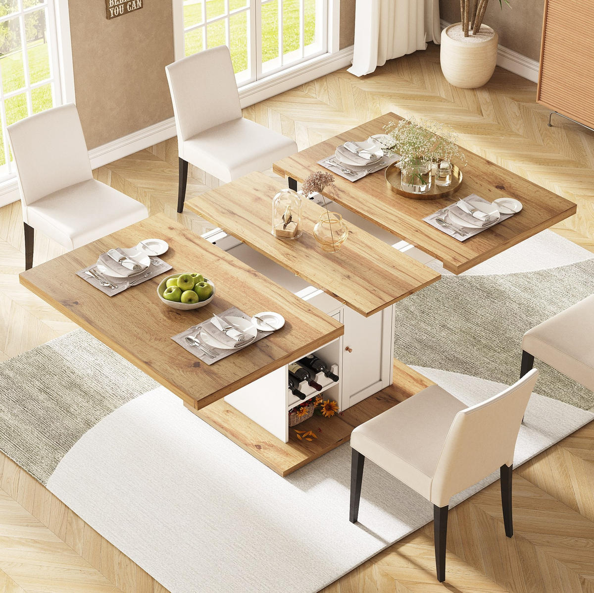 AUSZIEHBARER Esstisch MDF mit Stauraum & Weinregal, 110-140/80/75 cm, Natur/Weiß - Weiß, Holzwerkstoff (110/80/75cm) - Redom