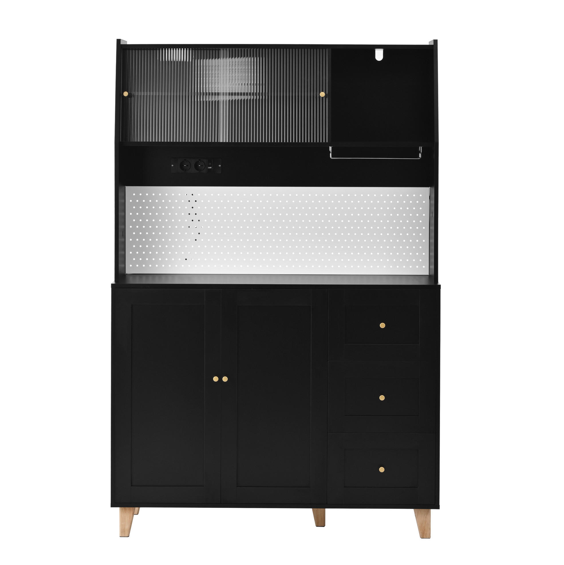 KÜCHENOBERSCHRANK 120/40/184 cm in Schwarz mit Schubladen, Steckdosen und Fluted Glas - Schwarz, Holzwerkstoff (120/184/40cm) - BEAOK