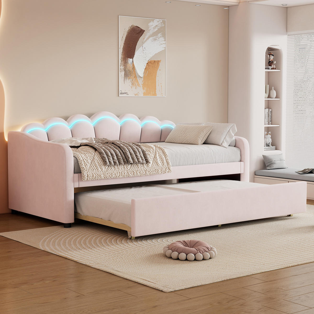 TAGESBETT 90/200 cm rosa mit ausziehbarem Bett und LED-Beleuchtung - Rosa, Textil (90/200cm) - OKWISH