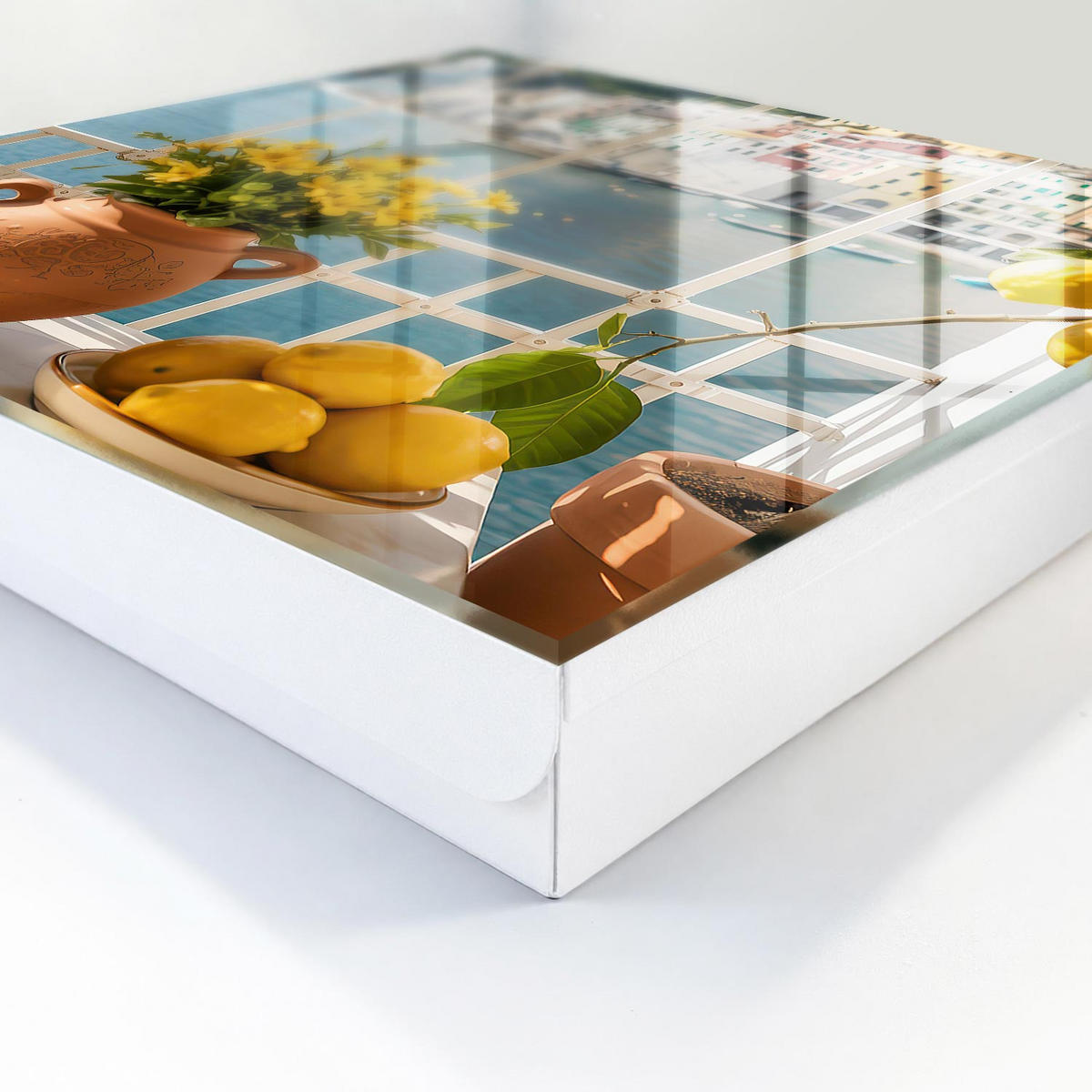 SCHLÜSSELBOX Weiß 30x30 cm – Türöffnung nach rechts - Urlaubslandschaft - Blau, Metall (30/30/5cm) - TULUP