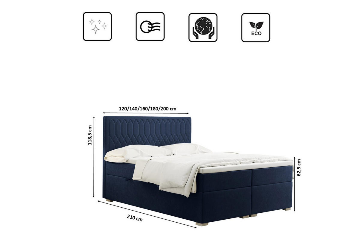 BOXBETT Mit Bettkasten Matratze Topper RIMINI Stoff Riviera Blau 140x200 cm H2-Pocket - Blau, Holz/Textil (140/200cm) - Kaiser Möbel