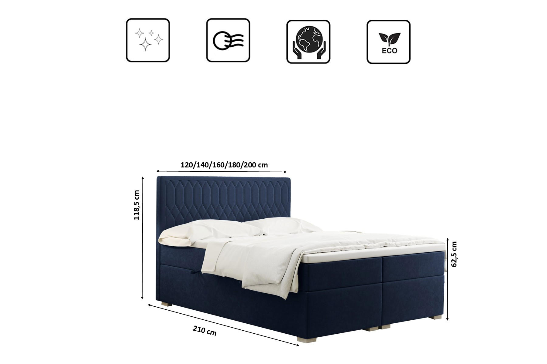 Thumbnail - Kaiser Möbel Boxbett, Blau, Textil, 2 Schubladen, H3, Höhe ca. 20 cm, Füllung: Taschenfederkern, Rechteckig, 200x200 cm,...