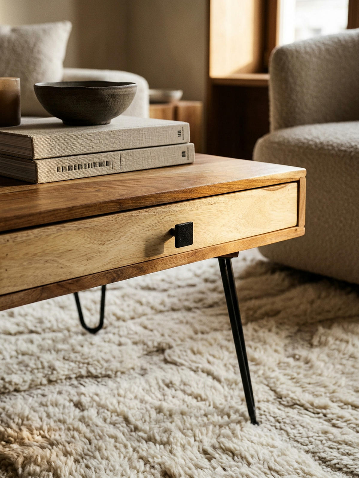 COUCHTISCH BALU mit Schubfächern aus Massivholz und Metallfüßen, leichter Aufbau, Beige 110x60x60 cm - Beige/Schwarz, Holz/Metall (60/110/60cm) - KADIMA DESIGN