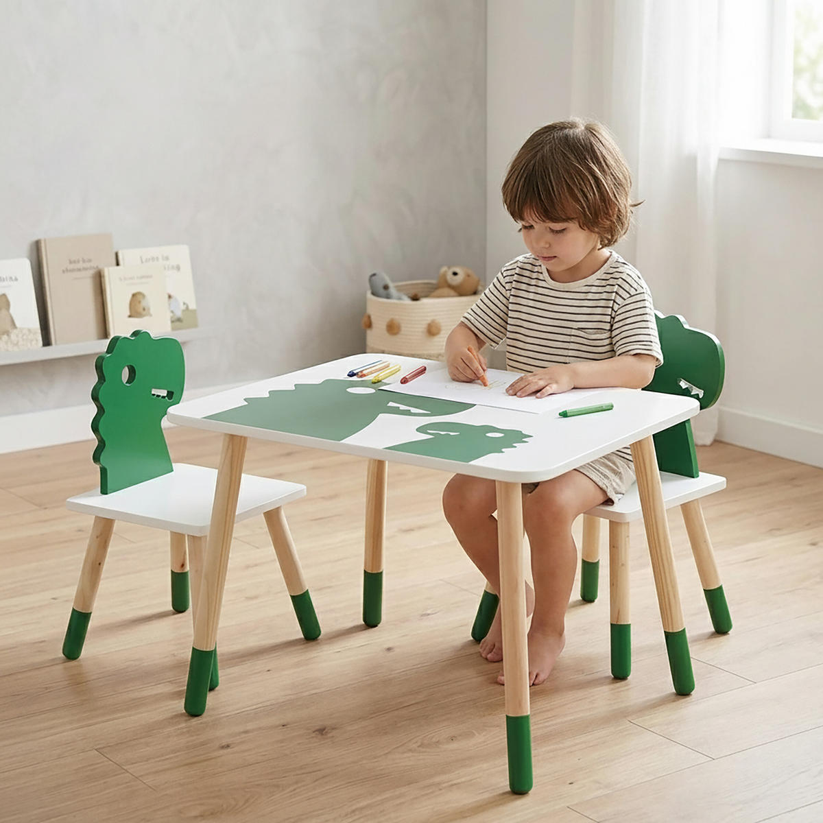 KINDERSITZGRUPPE Weiß Grün Natur 3-tlg. Tisch 2 Stühle - Multicolor, Holz/Holzwerkstoff (60/45/60cm) - Relaxdays