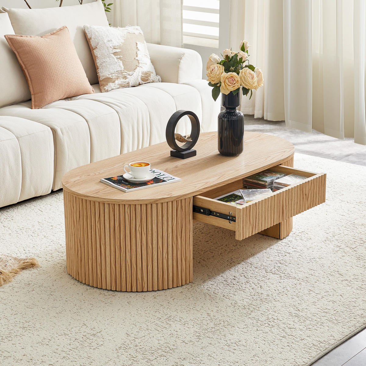 COUCHTISCH Oval Eichenoptik mit Schublade & Fluted Design - Naturfarben, Holzwerkstoff (54/105/38cm) - Urban Meuble
