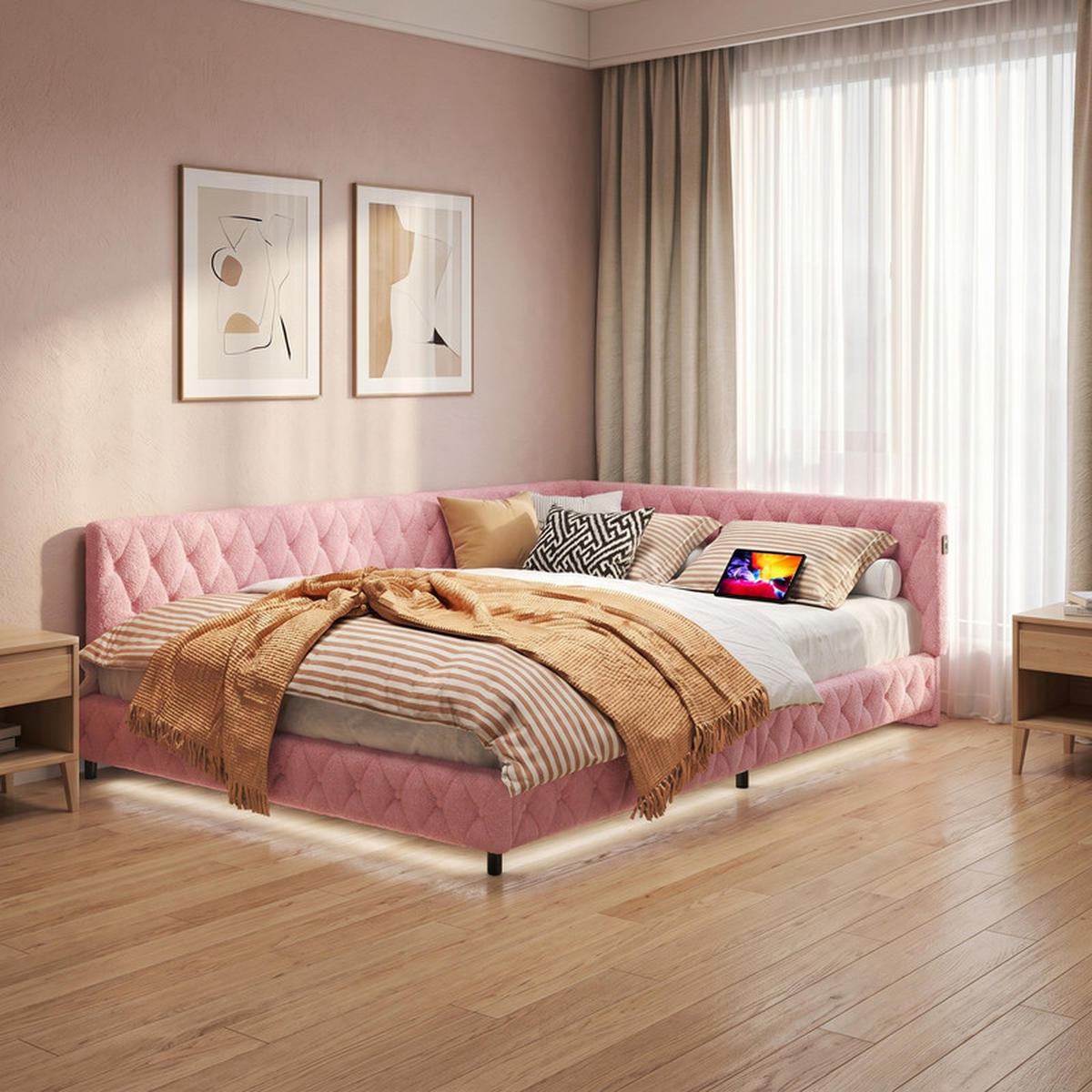 POLSTERBETT 140/200 cm rosa mit LED und USB - Rosa, Holz