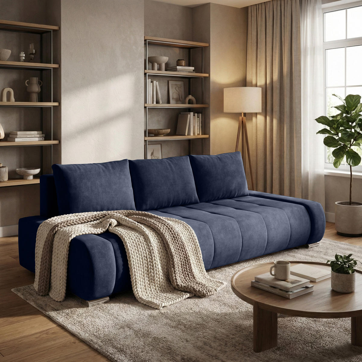 SCHLAFSOFA Draco 3-Sitzer, mit Bettkasten, Dunkelblau - Dunkelblau, Textil (240/85/110cm) - Beautysofa