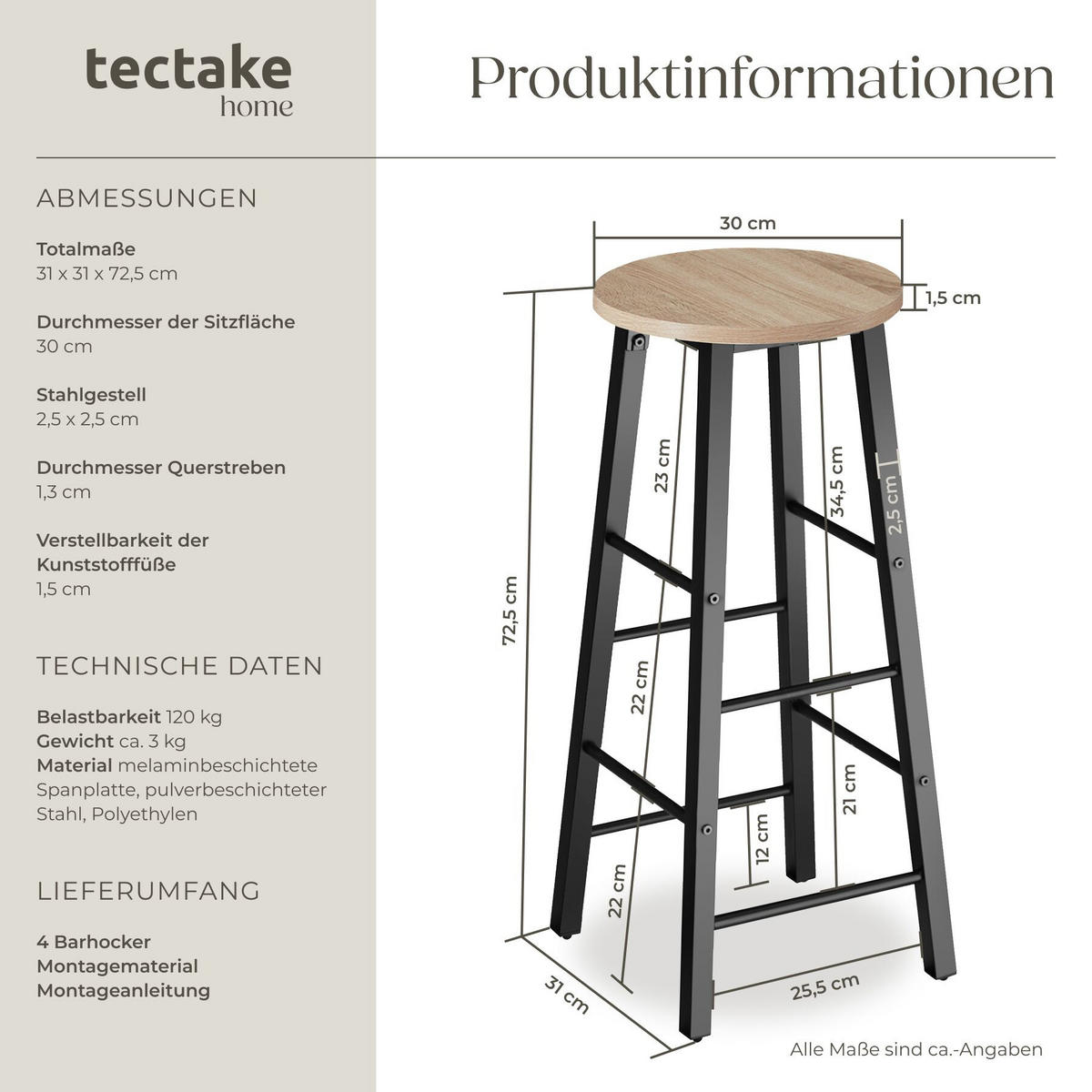 SET BARHOCKER Keynes, Sitzhöhe 72,5 cm, Industrial Holz hell, Eiche Sonoma - Naturfarben, Holzwerkstoff/Textil (31/72.5/31cm) - tectake