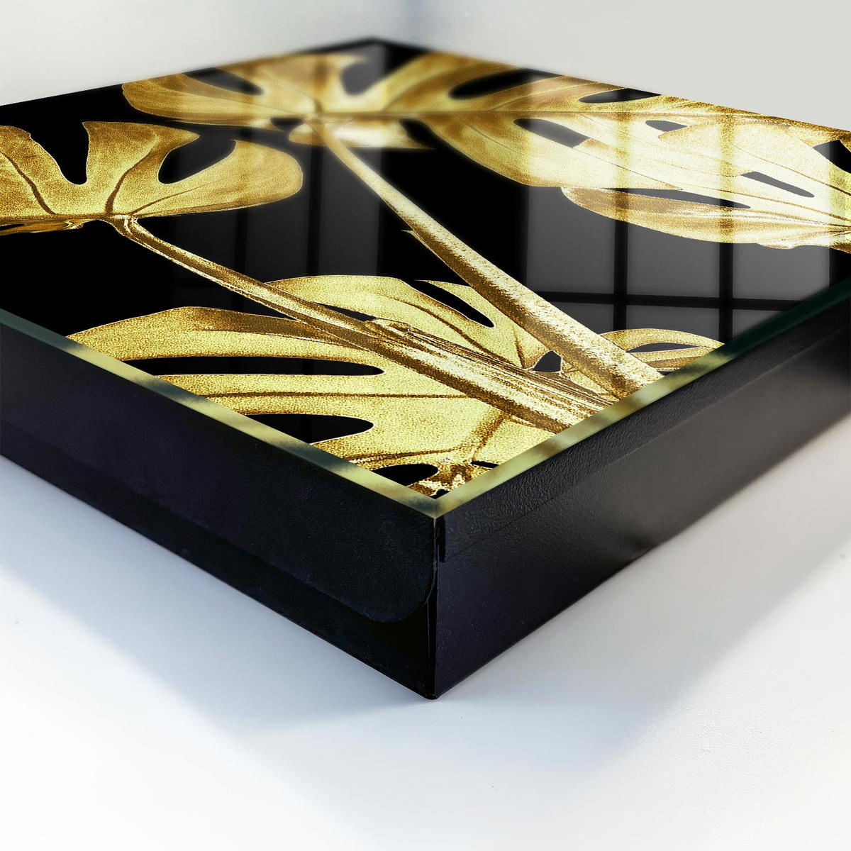 SCHLÜSSELBOX Schwarz 30x30 cm- Türöffnung nach rechts - Monstera-Blätter - Gelb, Metall (30/30/5cm) - TULUP