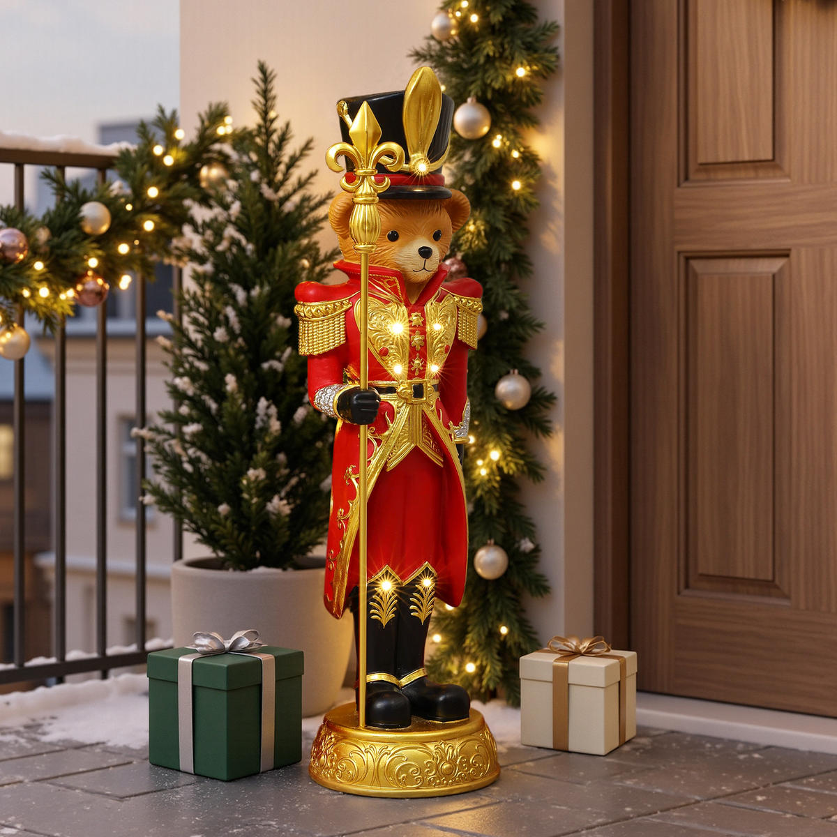 HOMETOPIA Nussknacker Bär Figur 91,5 cm, Weihnachtsdeko mit LED & Timer - Dunkelrot, Naturmaterialien (25/91/27.5cm) - Hometopia