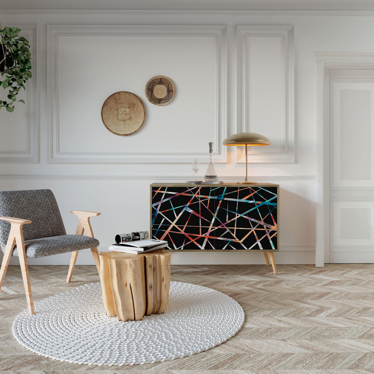 SIDEBOARD POLYGON VERVE, Eicheneffekt, 111x42x77,5 cm, 2 Türen - Eichefarben/Buchefarben, Holzwerkstoff/Buchenholz (111/77.5/42cm) - SpaceRebels