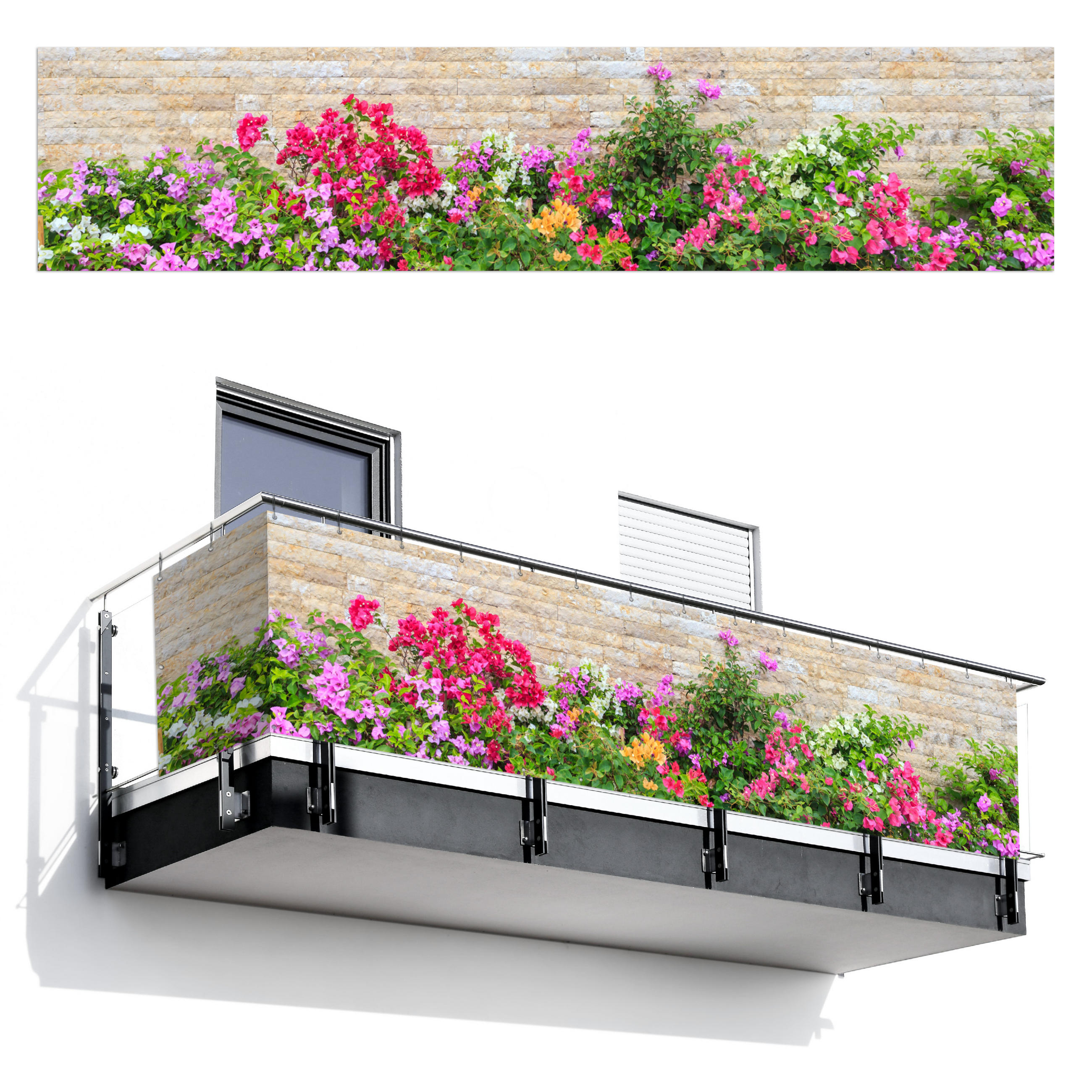 BALKON-SICHTSCHUTZ Blumen - Pflanzen - Blätter - Steine - Pink, Kunststoff (500/110cm) - MuchoWow