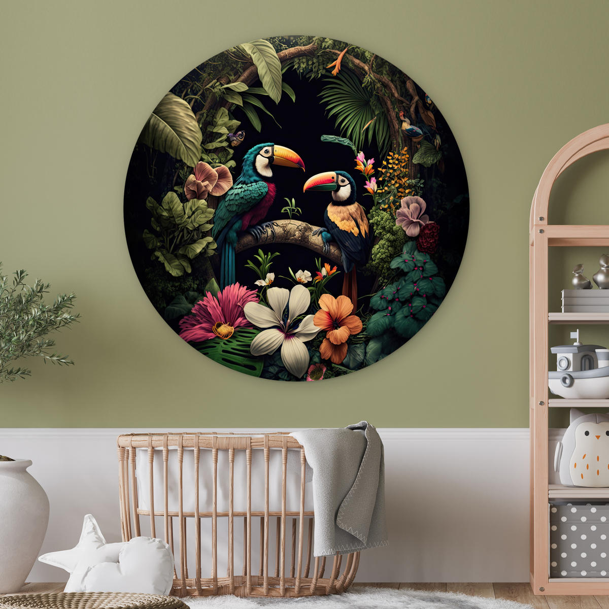 WANDBILD Vogel - Blumen - Pflanzen - Dschungel - Schwarz - Tukan Deko Groß 150x150 cm - Smaragdgrün, Kunststoff (150/150cm) - MuchoWow