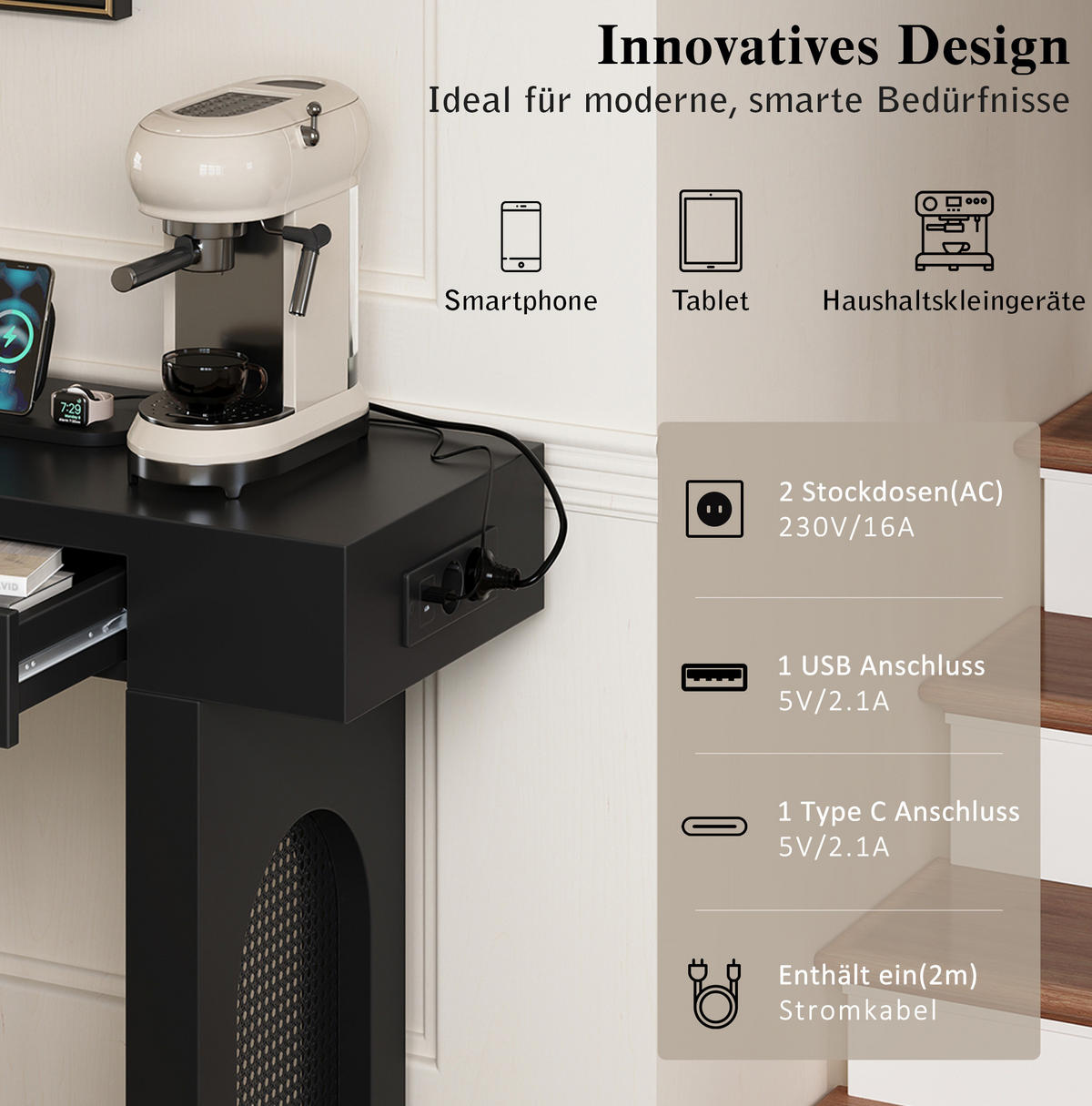 KONZOLOVÝ stolík 120/35,5/76,5 cm čierny, so zásuvkami a USB nabíjaním - čierna, kompozitné drevo (120/35.5/76.5cm) - BEAOK