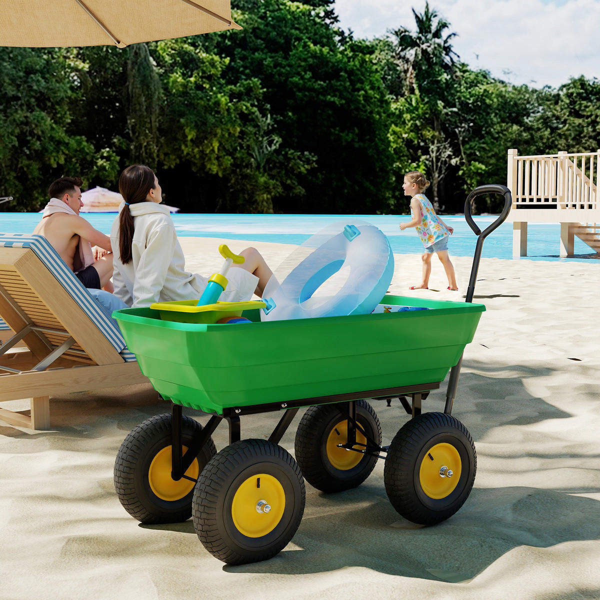 GARTENWAGEN mit Kippfunktion bis 200 kg Handwagen mit 75 Liter Kunststoffwanne - Dunkelgrün, Metall (52/94/109cm) - Outsunny