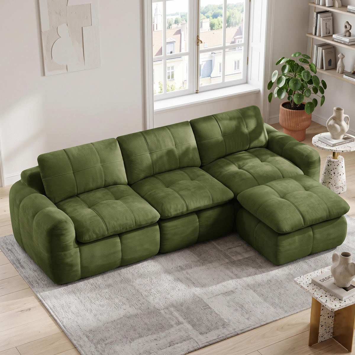HÖRNSOFFA L-form modulär chenille grön med pall - Grön, Textil (264/160cm) - Urban Meuble