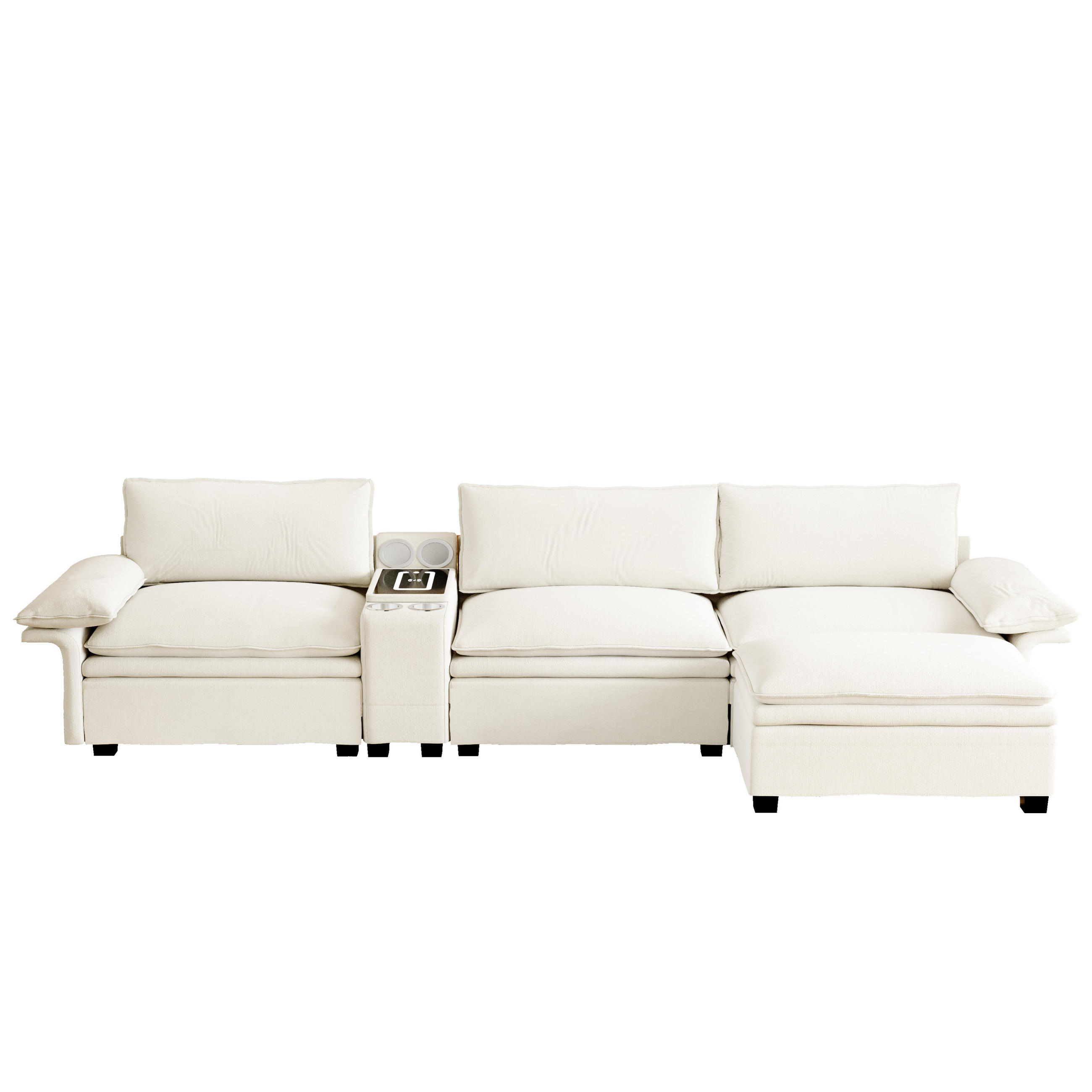 ECKSOFA 315/70/85 cm Beige mit Fußhocker, kabelloses Laden, Lautsprecher, Licht und 2 Getränkehalter - Beige, Textil (315/70cm) - Oxeza
