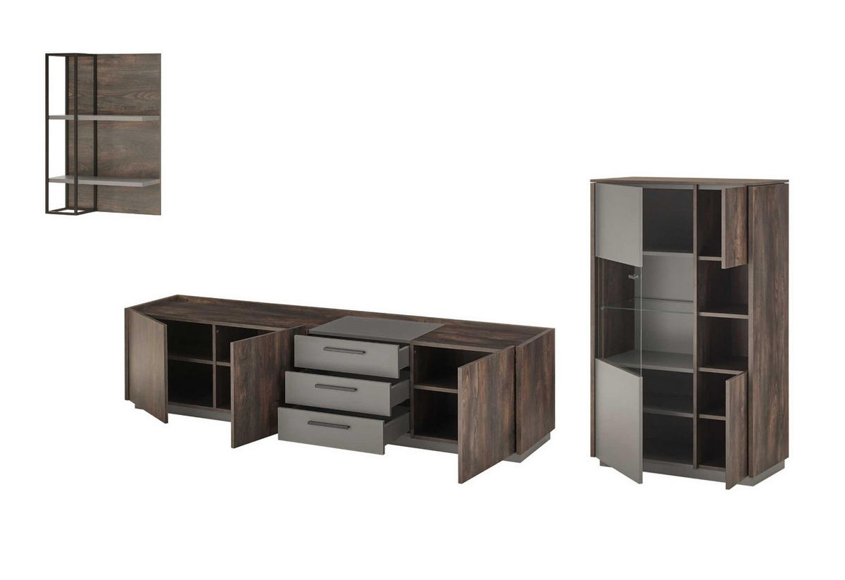 WOHNWAND Thermo Eiche, grau, Set 2-teilig mit XXL TV-Lowboard und Soft-Close - Eichefarben/Grau, Holzwerkstoff/Metall (316/180/45cm) - Furn.Design