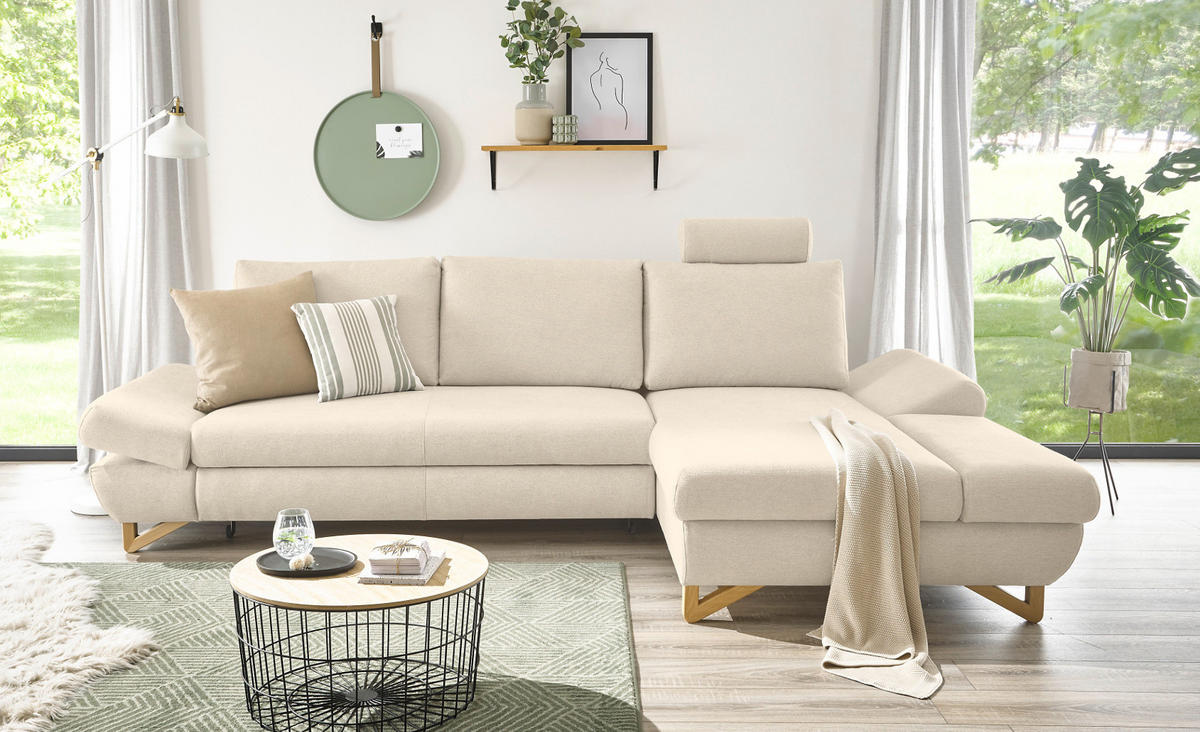 ECKSOFA creme Velours, Sofa mit Bettfunktion und Stauraum 284 cm - Creme, Holz/Textil (284/166cm) - Furn.Design