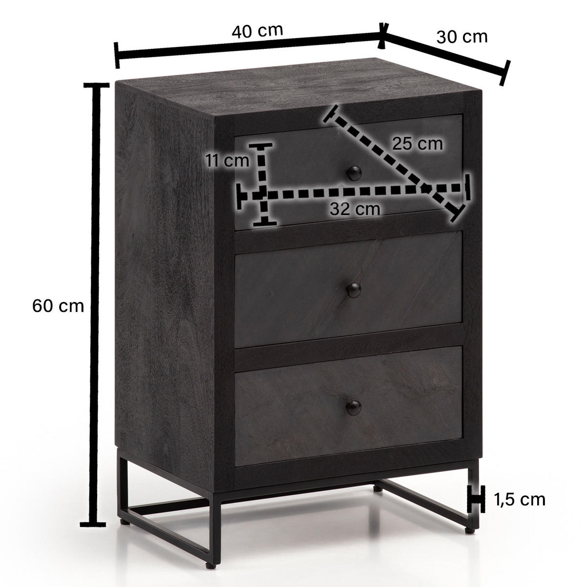NACHTTISCH Massivholz Steinoptik 3 Schubladen Metallgestell, Schwarz 40x30x60 cm - Schwarz, Holz/Metall (40/60/30cm) - KADIMA DESIGN