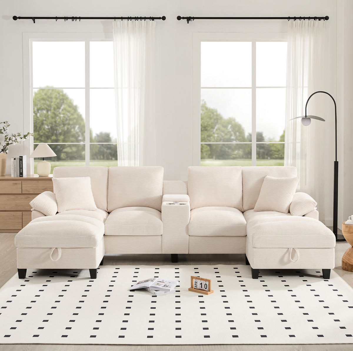 U-FORM Wohnlandschaft Cord mit Stauraum und USB-Anschluss 293/142/93 cm Beige - Beige, Kunststoff/Textil (93/293/142cm) - Redom