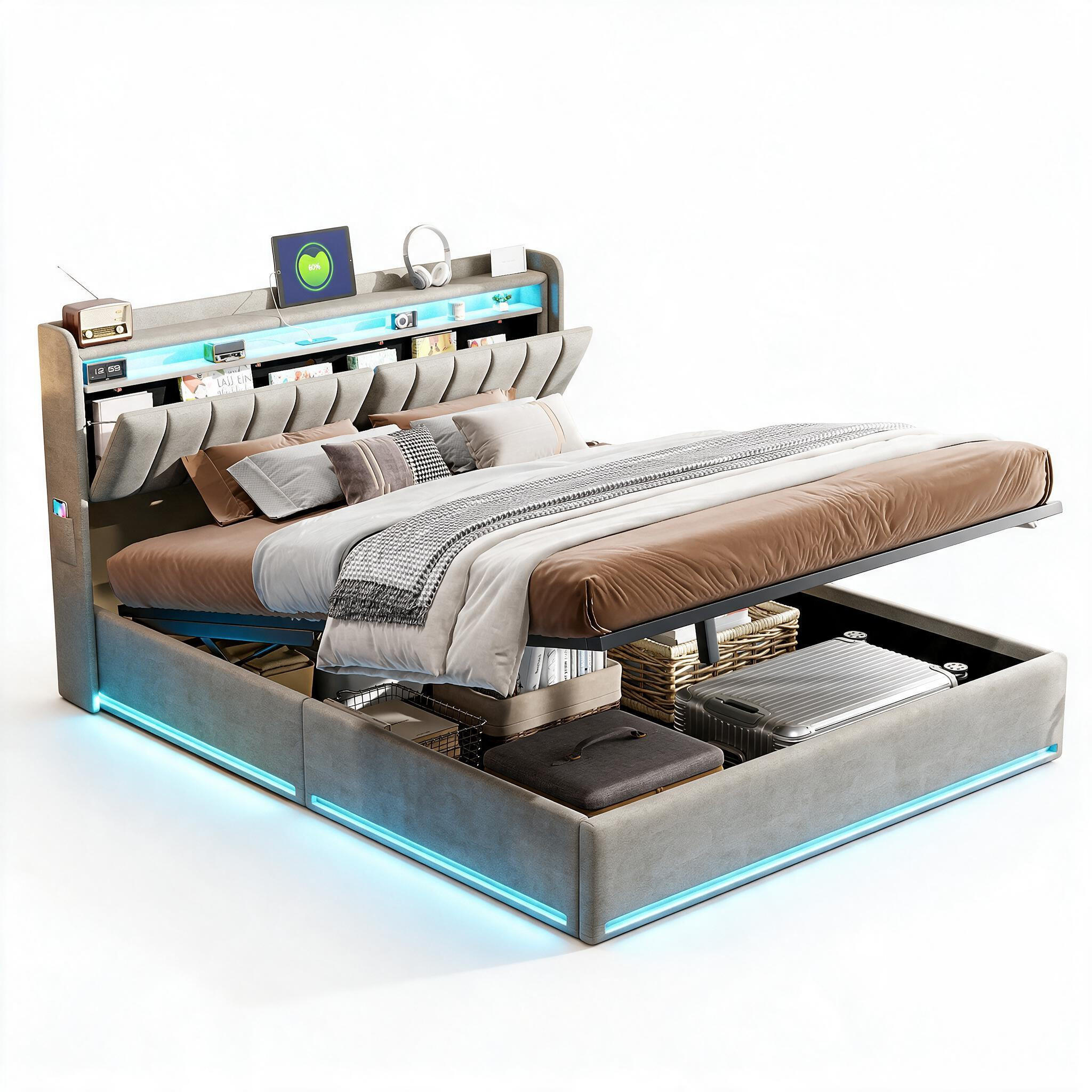 POLSTERBETT 140x200 cm mit Stauraum, LED-Beleuchtung und Ladefunktion,Grau - Naturfarben/Grau, Holz/Metall (140/200cm) - PARAFTA HOME