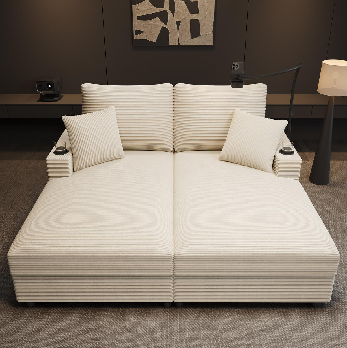 SOFA 2-Sitzer 163x140 cm Cord Beige mit USB und Getränkehaltern - Beige, Textil (140/82/163cm) - Meubliv