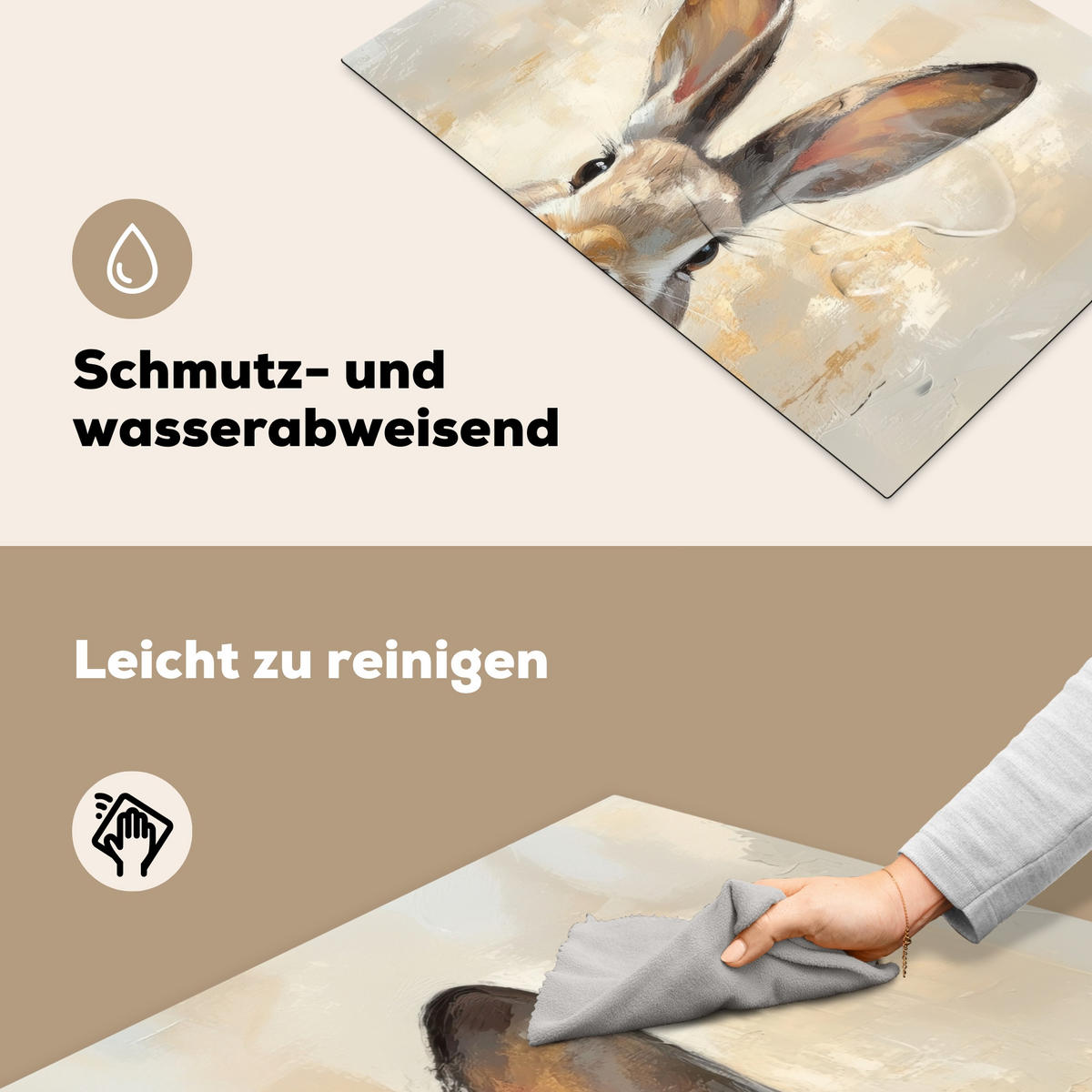 HERDABDECKPLATTE Hase - Ohren - Braun Herdabdeckung Induktionsfeld 75x52 cm - Beige, Kunststoff (75/52/0.2cm) - MuchoWow