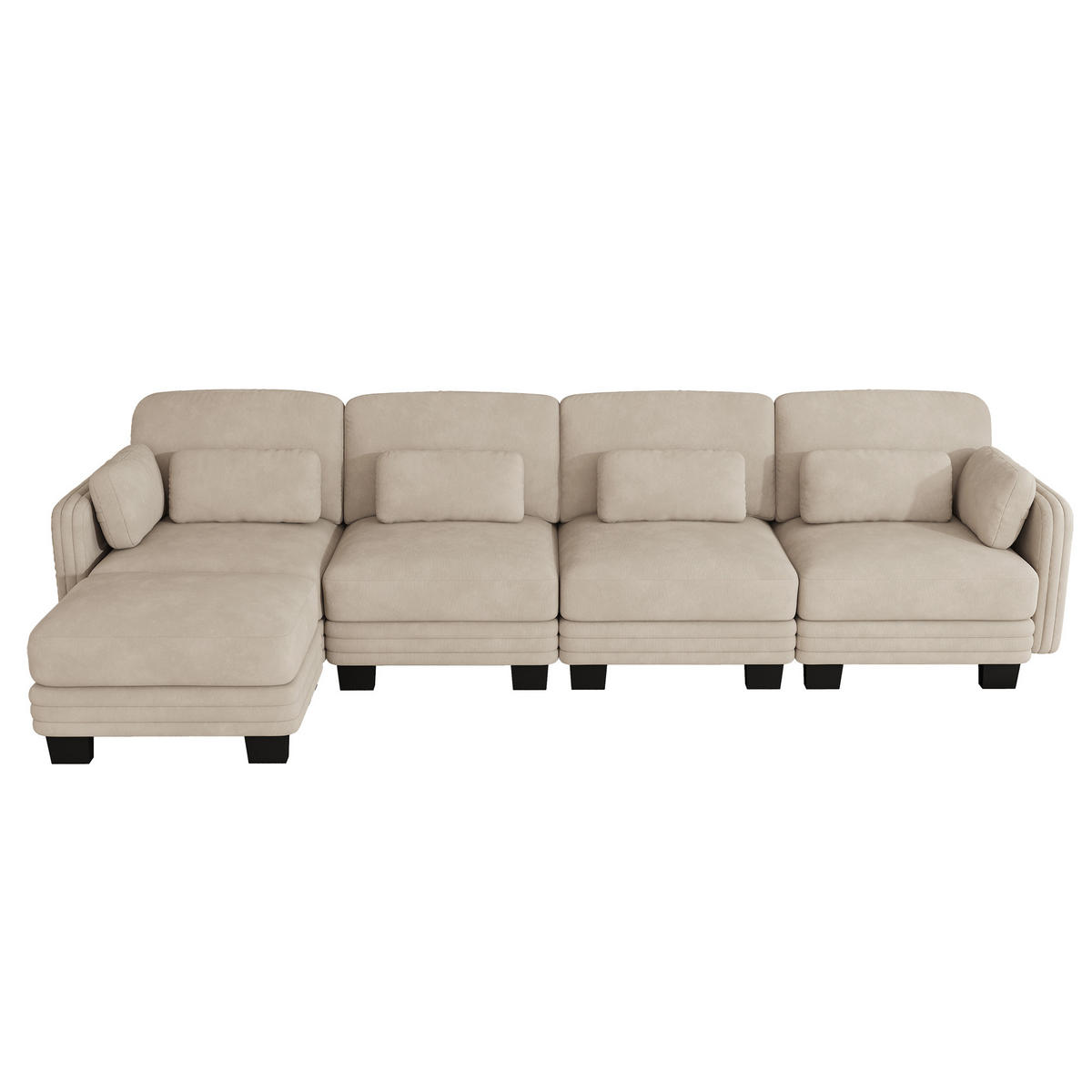 ECKSOFA 4-Sitzer L-Form mit Ottomane und Kissen, DE-42686, Hellbraun - Hellbraun, Holz (330/143cm) - ComfortXL