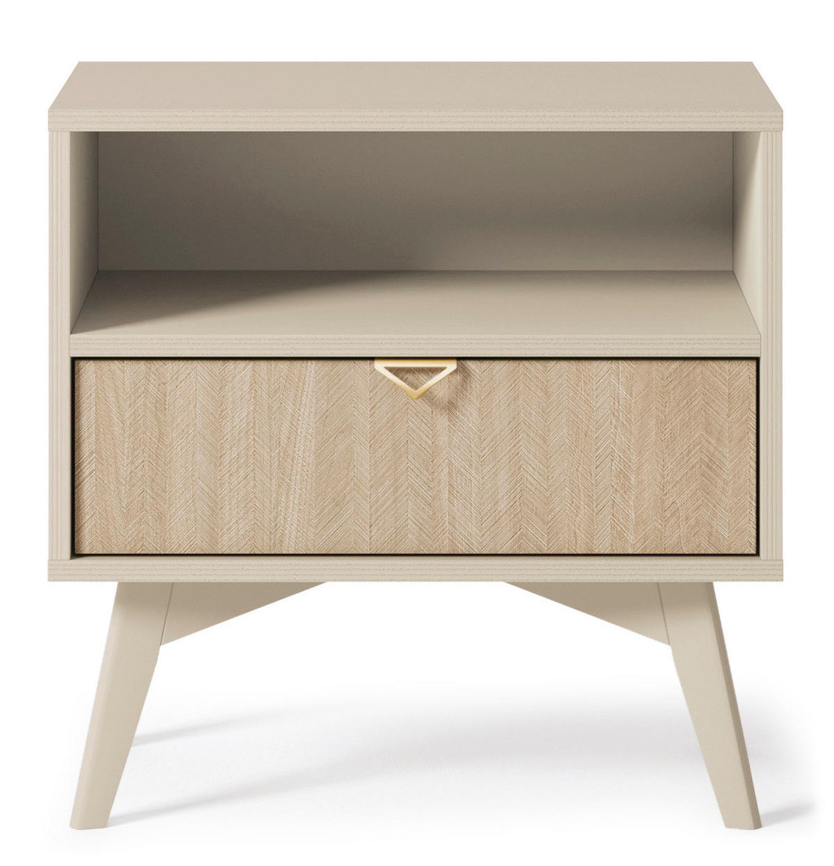 NACHTTISCH Silva in der Farbe Sandbeige + Scandi-Fischgrätmuster mit Ablage und Schublade - Beige/Goldfarben, Holz/Holzwerkstoff (54/54/38cm) - Ravio