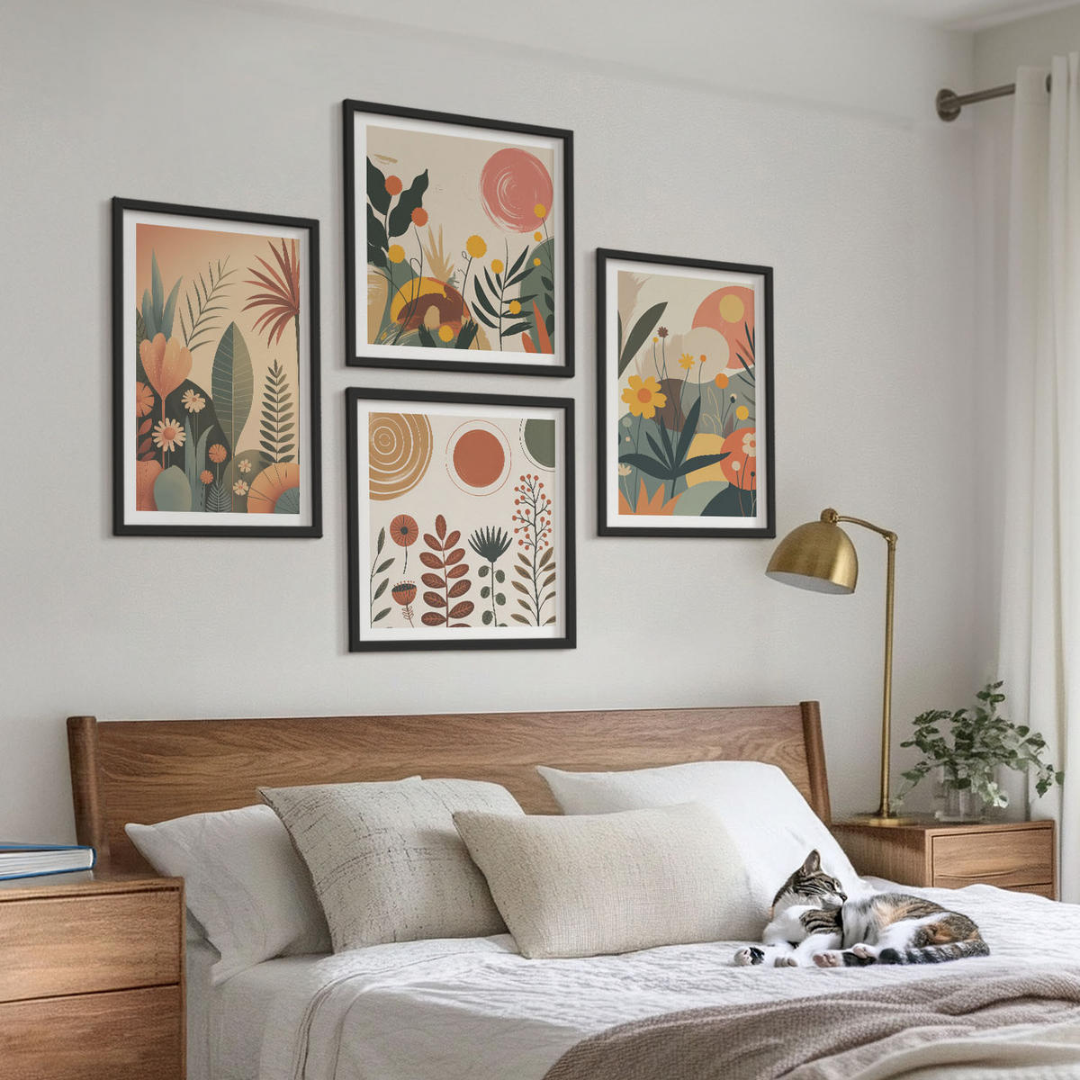 WANDBILDER 4er-Set - 50x50 cm & 40x60 cm Schwarzer Rahmen - Boho-Pflanzenmuster - Schwarz, Kunststoff (50/50cm) - ArtPrintCave