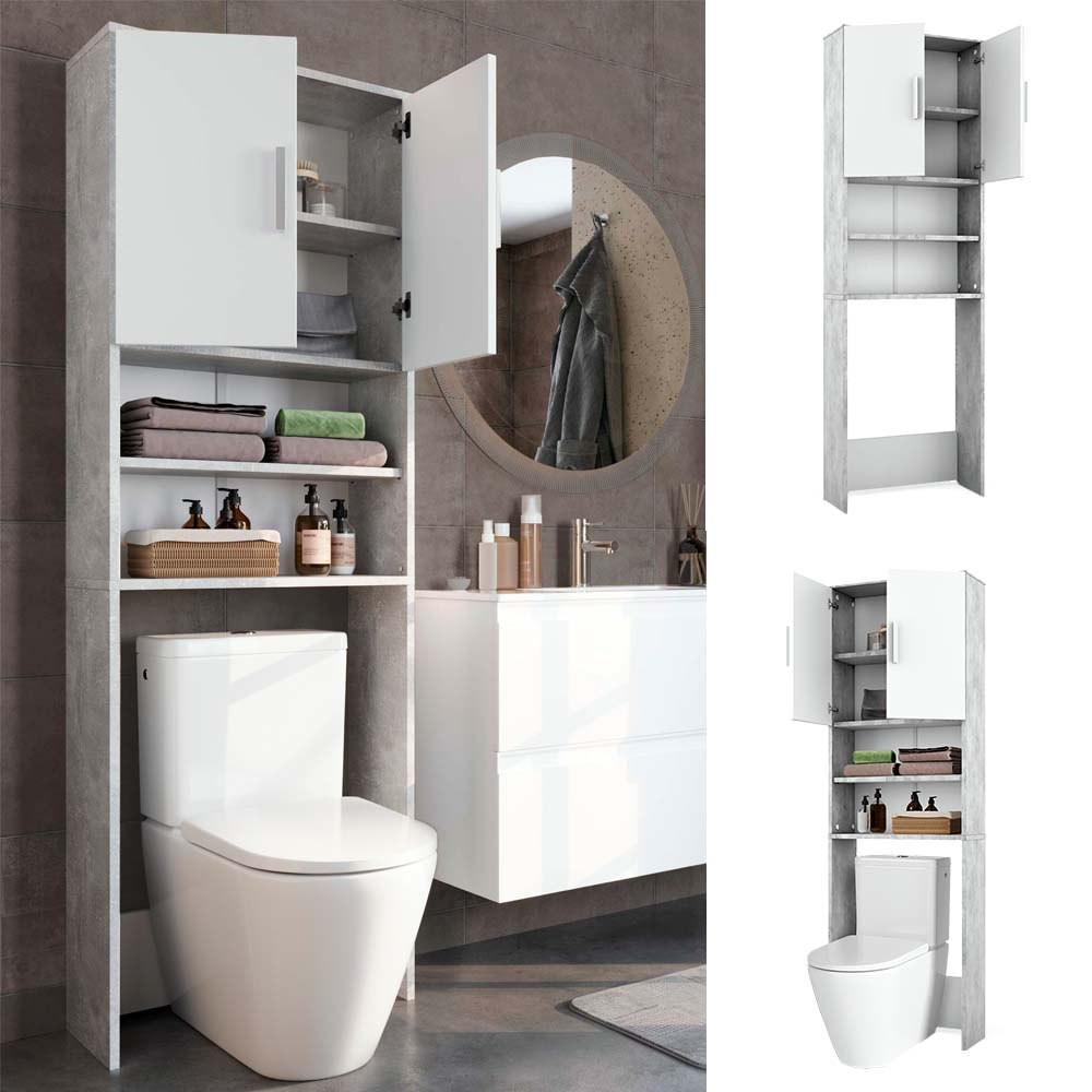 TOILETTENSCHRANK Beton/Weiß 64 x 190 cm mit 2 Türen - Weiß/Grau, Holzwerkstoff (64/190/26cm) - Vicco