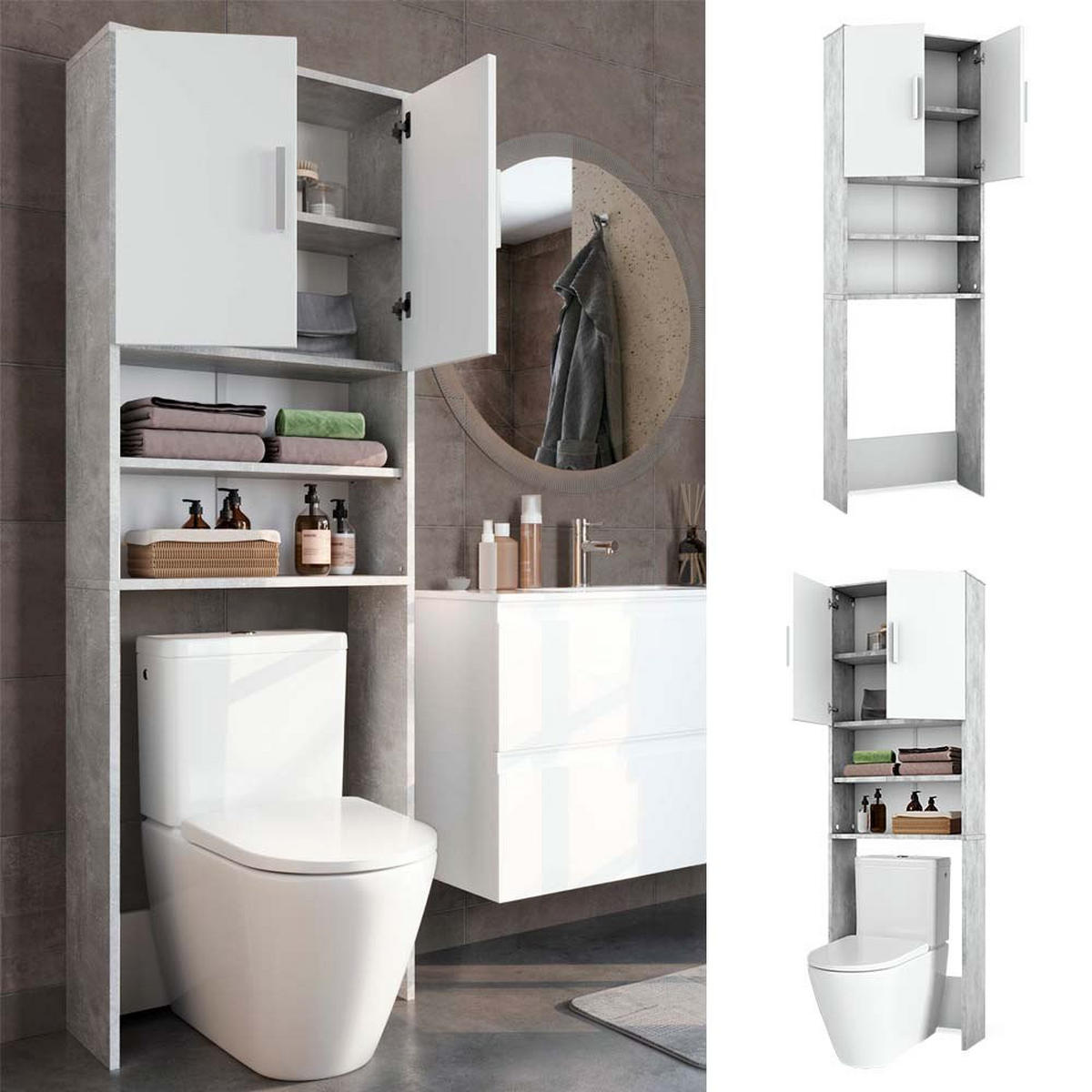 TOILETTENSCHRANK Beton/Weiß 64 x 190 cm mit 2 Türen - Weiß/Grau, Holzwerkstoff (64/190/26cm) - Vicco