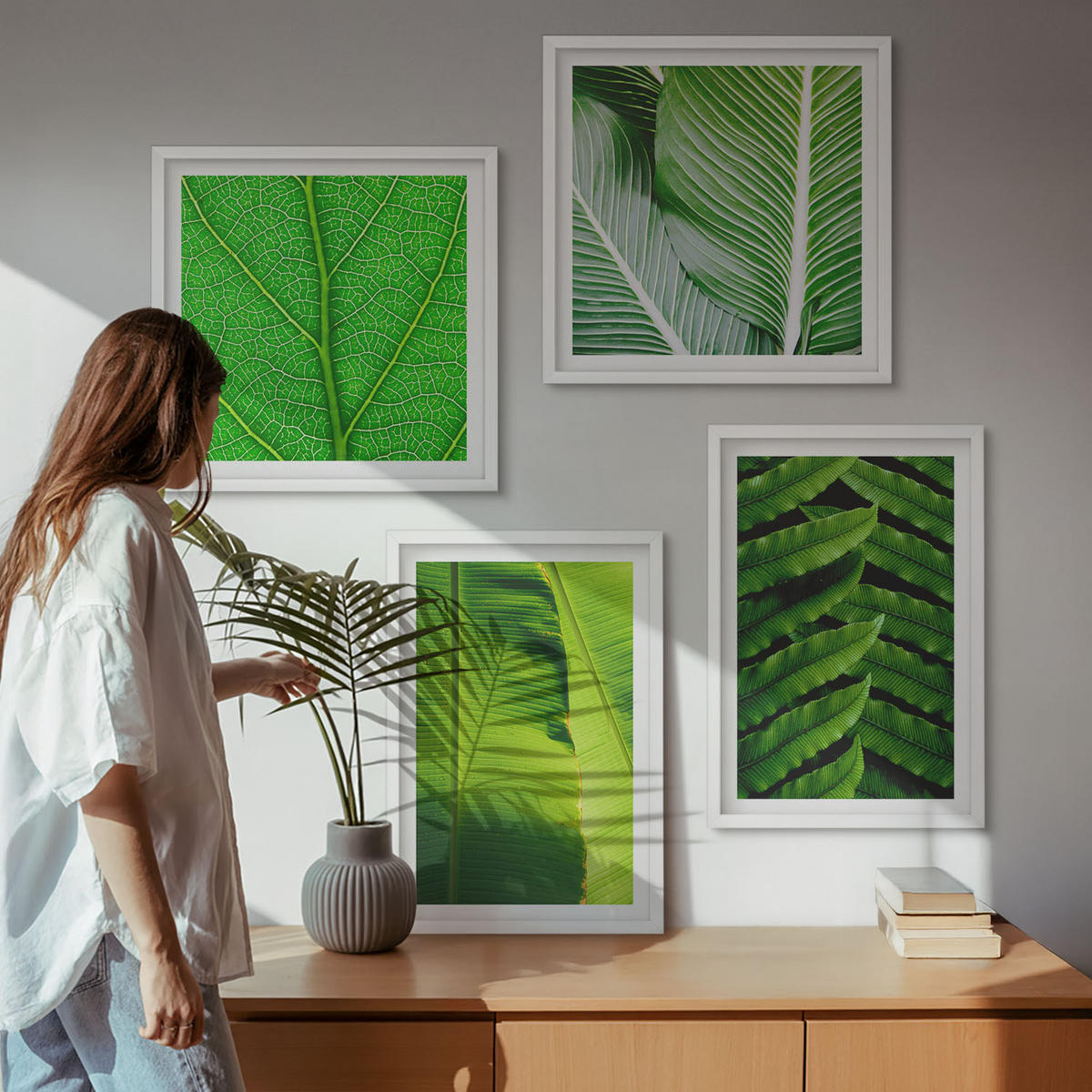 WANDBILDER 4er-Set - 50x50 cm & 40x60 cm Weißer Rahmen - Nahaufnahme von tropischen Blättern - Weiß, Kunststoff (50/50cm) - ArtPrintCave