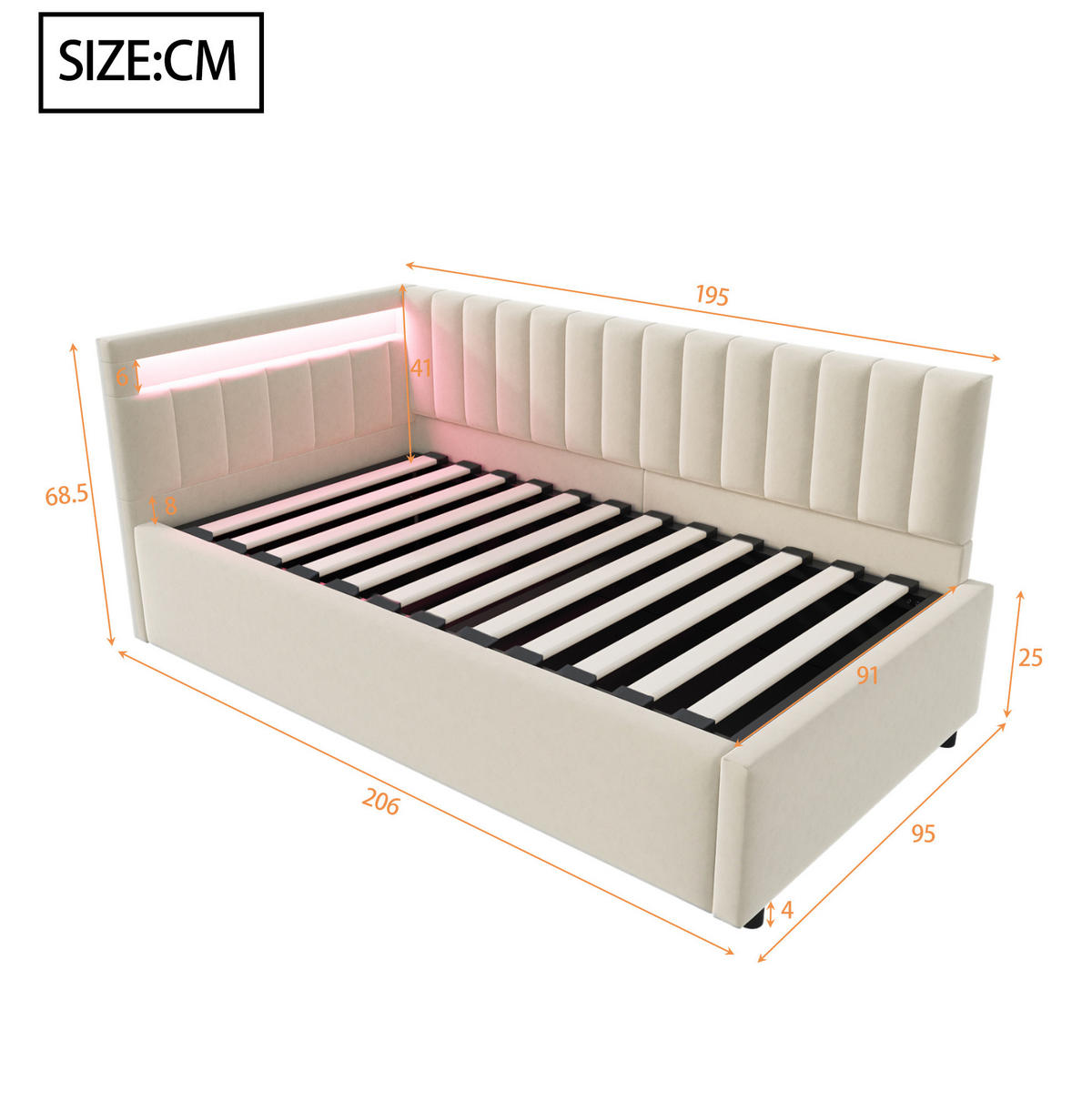 POLSTERBETT Schlafsofa 90/200 cm Beige aus Samt mit LED-Beleuchtung und Stauraum - Beige, Textil (90/200cm) - OKMYHOME