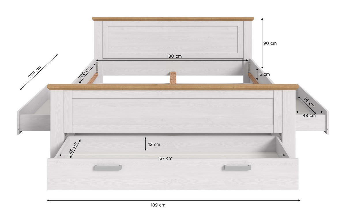 BETT 180x200 mit Unterbettauszügen (B/H/T: 189x90x209 cm) in Sibiu Lärche Nachbildung - Lärchefarben, Holzwerkstoff - Homes & Jones