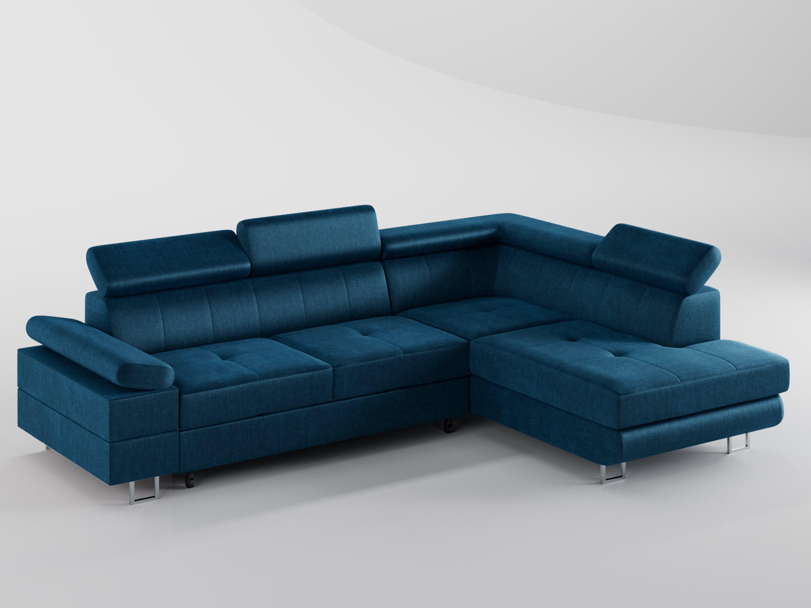 ECKSOFA CAROLINE Rechts Dunkelblau Velours-Stoff mit Schlaffunktion und Bettkasten - Chromfarben/Dunkelblau, Textil (253/190cm) - Barchello