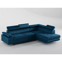 ECKSOFA CAROLINE Rechts Dunkelblau Velours-Stoff mit Schlaffunktion und Bettkasten - Chromfarben/Dunkelblau, Textil (253/190cm) - Barchello