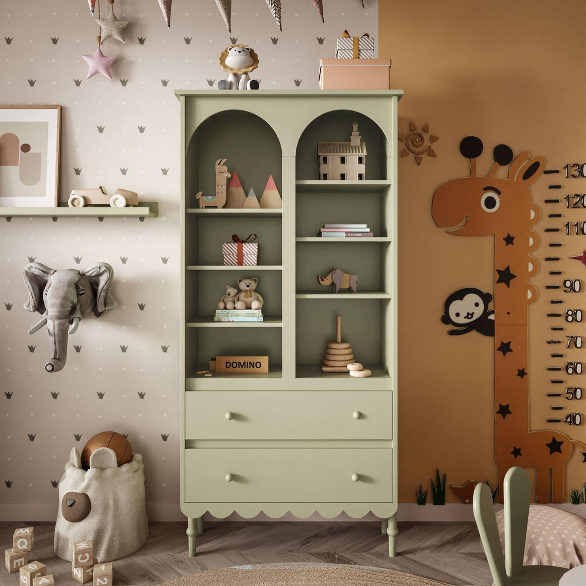 BABYREGAL BABUSHKA – Hohes Kinderregal, Olivgrün - Olivgrün, Holzwerkstoff (84/183/37cm)