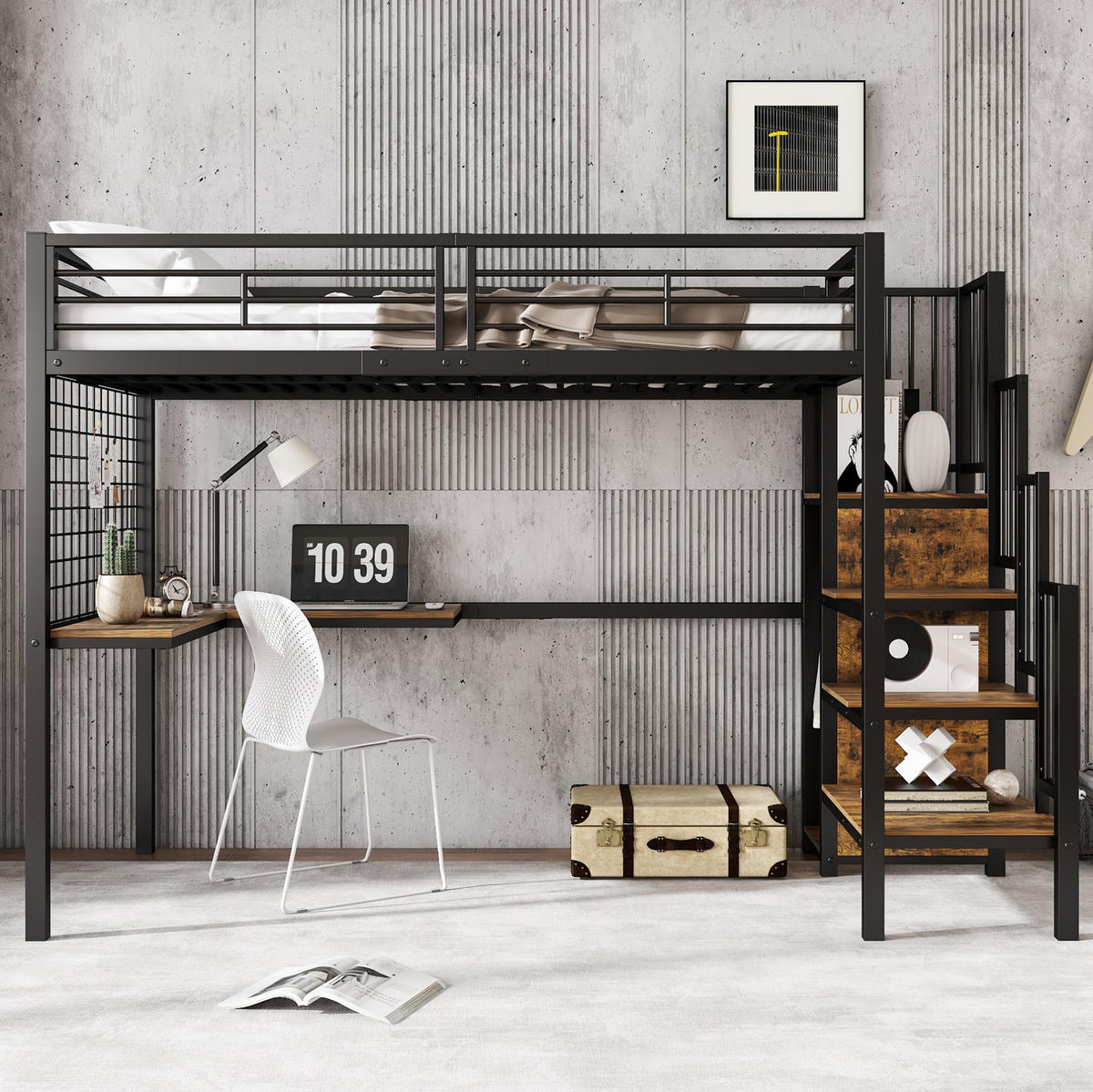 HOCHBETT 90/200 cm aus Metall mit Kleiderschrank und Tisch in Schwarz/Walnuss - Schwarz, Holzwerkstoff (90/200cm) - Flora Grace