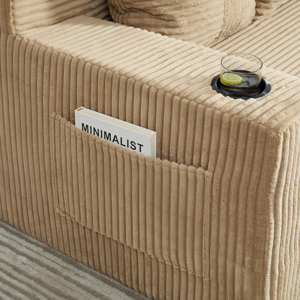 SCHLAFSOFA 2-in-1 mit Hocker, 2 Kissen und Becherhalter, DE-42913, Khaki - Sandfarben, Textil (133/64/87cm) - ComfortXL