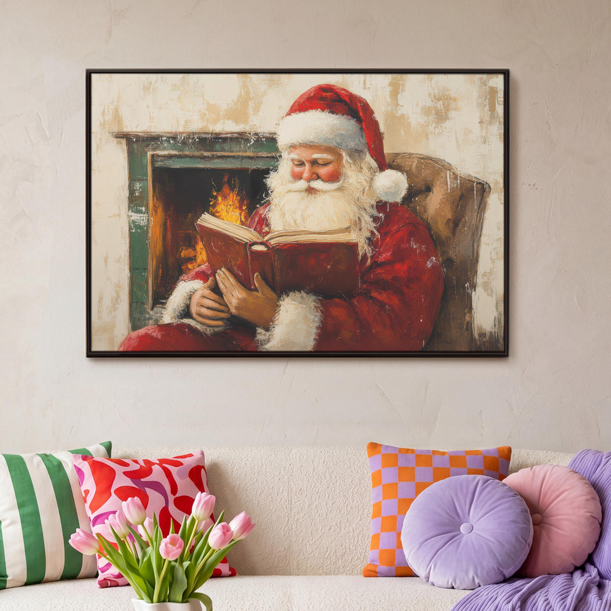 LEINWAND Bilder mit Rahmen - Weihnachten - Weihnachtsmann - Winter - Open Fireside - 90x60 - Dunkelrot, Textil (90/60cm) - MuchoWow