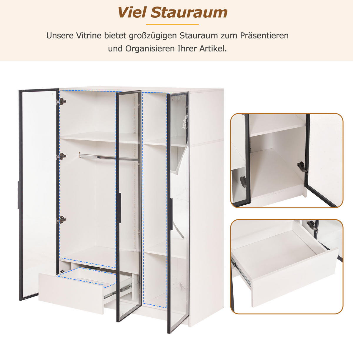 KLEIDERSCHRANK 110x50x160 cm Weiß mit LED und 3 Glastüren - Weiß, Holzwerkstoff (110/160/50cm) - FLIEKS