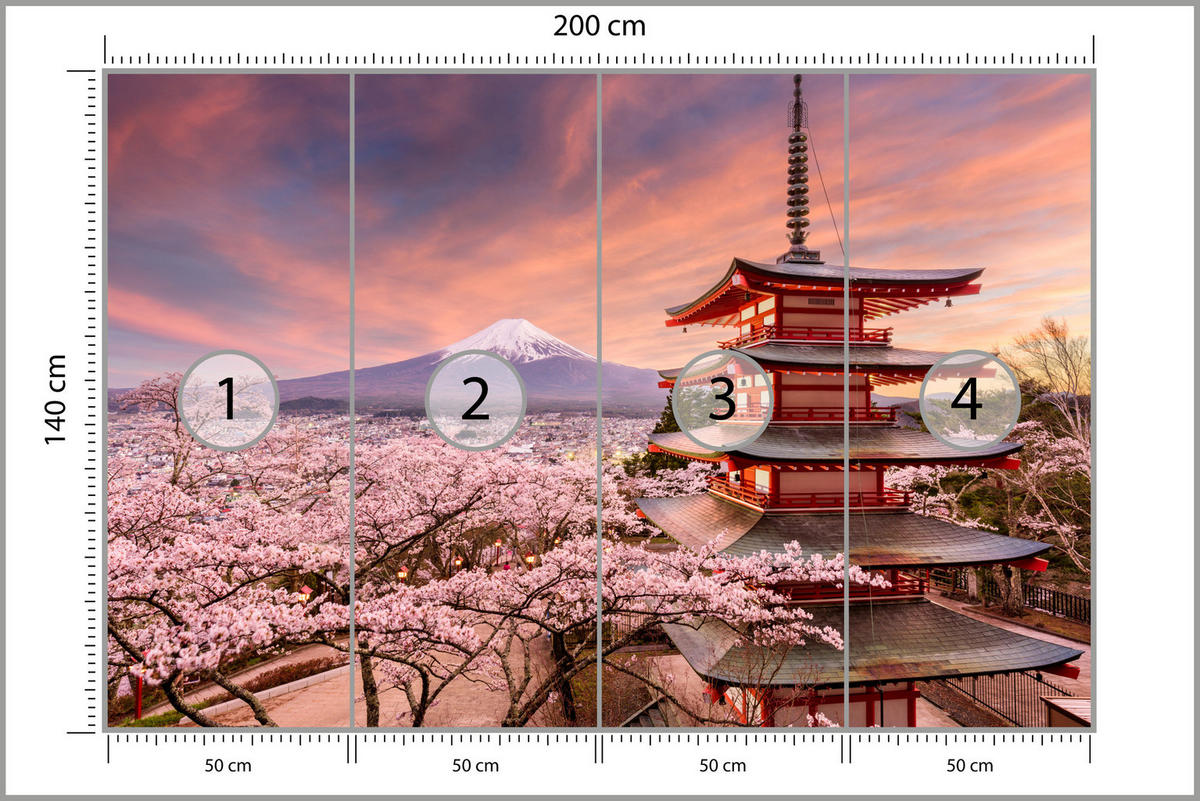 FOTOTAPETE Pagode Berg Fuji Sakura Landschaft 3D 200x140 - Rot/Violett, Papier (200/140cm) - Muralo